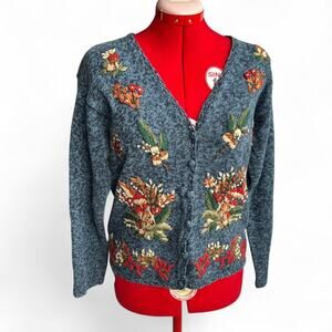Vintage 1997 Heirloom Collectibles Blue Cardigan Sweater Mushroom Embroidery